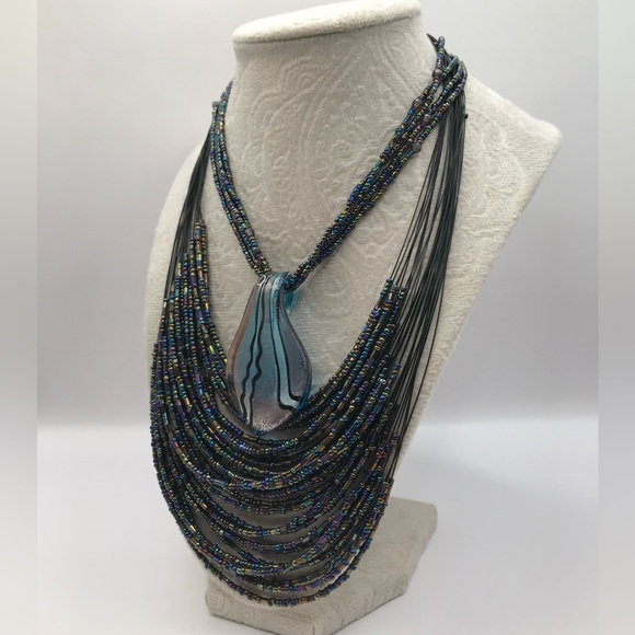 2 Multi-Strand Seed Bead & Glass pendant Necklaces - Picture 3 of 7